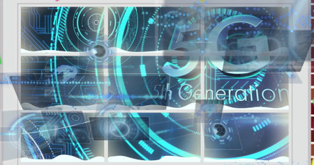 Displaying white metal grid panels with holographic UI and 5G 5th Generation text in control room....