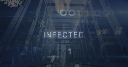 Displaying bold 'INFECTED' text floating through data center corridor, with binary code overlays. Technology, cybersecurity, digital, network, server, data, malwareの写真素材