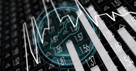 Displaying turquoise padlock icon securing data on financial interface with bar and line chart data....
