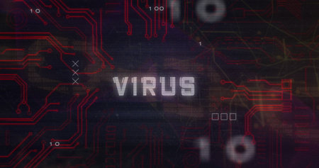 Showing stylized VIRUS text glitching on hacking interface, with red circuits, binary code, markers. Cybersecurity, digital, technology, network, data, intrusion, cyberattackの写真素材