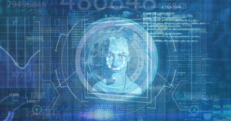 Scanning biometric scan in console with fingerprint icon, head silhouette, scan rings and overlays. Futuristic, digital, technology, interface, cybersecurity, innovation, dataの写真素材