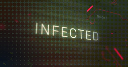 Glowing text INFECTED flashing on dashboard, with red circuit lines and neon accents. Cybersecurity, digitalinterface, technology, data visualization, network, hazard, alertの写真素材