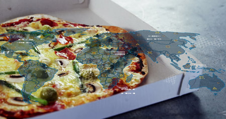 Thin-crust pizza sitting in white cardboard pizza box on gray table, with digital world map overlay....