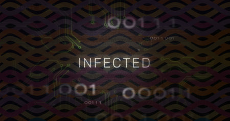 Displaying centered INFECTED text glowing over cyber interface, with green circuits, binary code....