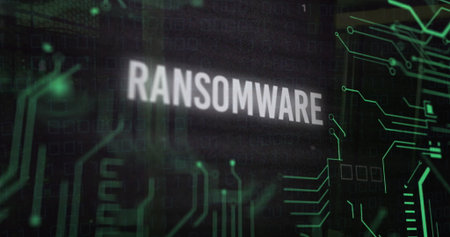 Displaying central white uppercase RANSOMWARE text on green circuit interface, with binary code. Cybersecurity, digital, technology, abstract, protection, network, encryptionの写真素材