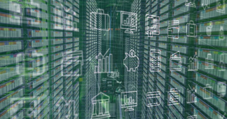 Extending narrow aisle in high-tech data center, with blinking server racks and financial icons....