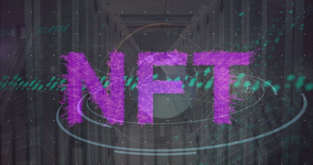 Large purple textured NFT letters floating in virtual corridor, with orbit rings and green pixels. Digital, futuristic, abstract, technology, innovation, cyber, immersiveの写真素材