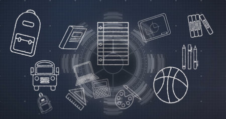 Displaying notebook paper icon floating over grid interface, with school and tech icons....