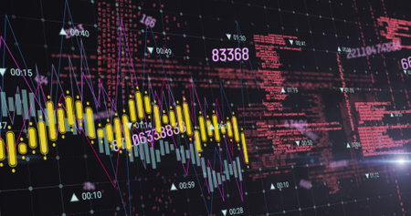Displaying financial chart on trading dashboard, with candlestick and histogram bars and line graph....