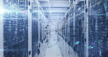 Glowing data center corridor showing server racks with blinking LEDs, cables and digital overlays. Technology, networking, cybersecurity, digital, infrastructure, innovation, high-techの写真素材