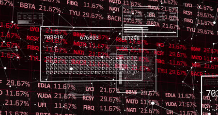 Network visualization panels floating in dashboard, with red ticker codes, percentage values, nodes....