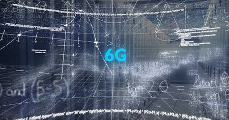 Floating cyan 6G symbol in 3D grid environment, with binary digits, formulas and graphs. Technology, innovation, digital, connectivity, networking, virtual, futuristicの写真素材