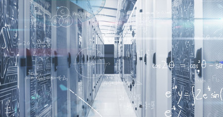 Forming parallel rows of server racks in data center, with network cables and overlaid formulas....