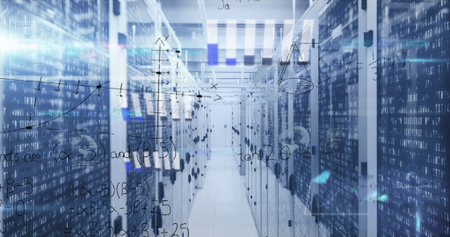Showing data center aisle flowing with binary and math overlays, with glass-door server racks....