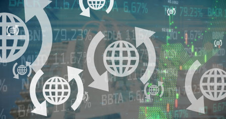 Displaying globe icons encircled by arrows floating over skyline, with candlestick charts, tickers. Globalization, connectivity, finance, trading, technology, urban, digitalの写真素材