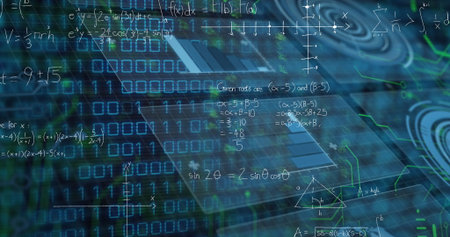 Translucent blue panel floating in virtual 3D data grid, with binary digits and equations. Futuristic, digital, holographic, technology, data visualization, abstract, cyberの写真素材