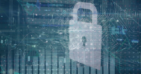 Displaying semi-transparent padlock icon securing interface, with circuit diagrams and bar charts. Cybersecurity, technology, digital, data, protection, network, innovationの写真素材