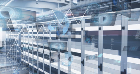 Highlighting server racks displaying data analysis in datacenter corridor, with digital overlays....