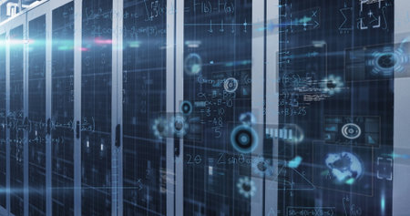 Displaying central server racks under blue lights in data center aisle, with floating data graphics....