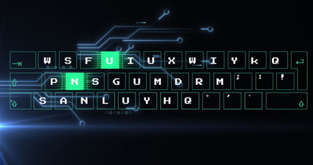 Floating holographic keyboard layout glowing against dark virtual interface, with neon U and N keys. Futuristic, technology, cyber, digital, interface, neon, hologramの写真素材