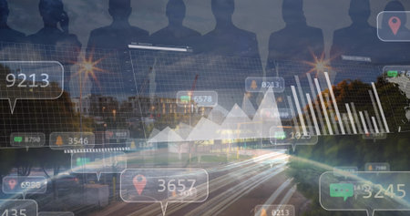 Professionals in business attire standing on city street at dusk, with map pins and light trails. Urban, technology, analytics, collaboration, connectivity, modern, innovationの写真素材