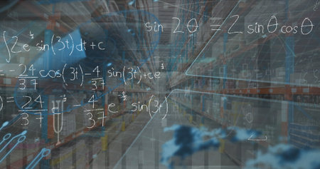 Warehouse aisle showing shelves of boxes and pallets, with formulas, circuits, cloud icons....