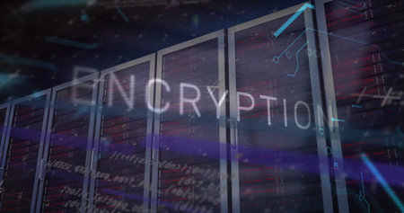 Displaying encryption graphics over core server racks in server room, emphasizing data security....