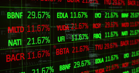 Displaying ticker board streaming stock symbols, percentages on dashboard, showing code fragments....