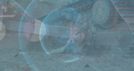 Showing holographic globe projecting data rings on rocky crash site, with gear fragments and cables....