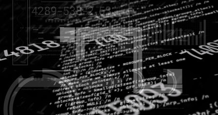 Floating white code blocks with numeric overlays, faint rectangles, bar charts, glyphs on dashboard. Technology, data visualization, cybersecurity, futuristic, digital environment, analytics, interfaceの写真素材