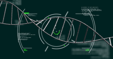 Displaying DNA helix running across teal interface, with holographic reticles and code snippets....