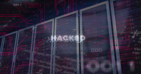 Displaying server racks in server room with red circuit graphics, code snippets, hacked glitch text....