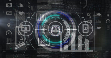 Displaying circular HUD showing avatar, laptop and phone icons on virtual network, with circuits. Futuristic, interface, technology, data, visualization, network, digitalの写真素材