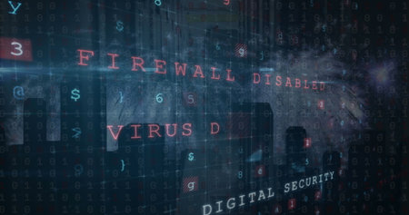 Displaying red 'FIREWALL DISABLED' warning in network grid, with floating code behind city skyline. Cybersecurity, digital, technology, network, coding, threat, intrusionの写真素材