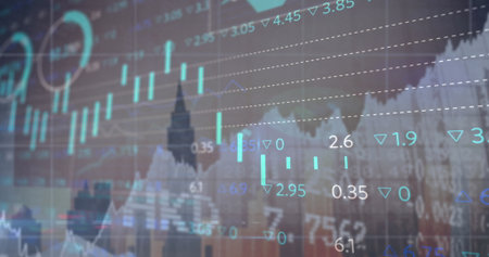 Financial overlay showing candlestick bars and line graphs in skyline view, with numeric indicators....