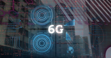 Showing white 6G logo in blurred office with HUD interfaces chart globe formulas and circuits. Futuristic, technology, innovation, digital, network, communication, corporateの写真素材