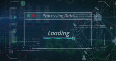 Displaying window labeled Processing Data with loading progress bar on data dashboard, data visuals. Dashboard, data visualization, digital interface, analytics, technology, abstract, futuristicの写真素材