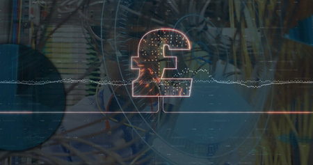 Displaying circuit pound sterling symbol shining over server room, with cables and digital waveform. Technology, finance, innovation, cybersecurity, digital, futuristic, dataの写真素材