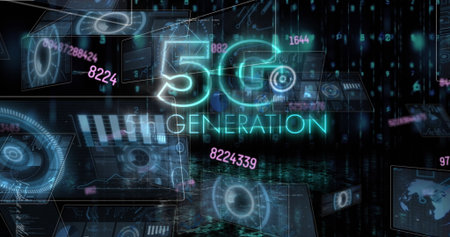 Shining neon 5G GENERATION text floating in dark virtual grid, with data screens streaming numbers....