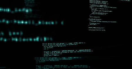 Displaying monospaced code text inside terminal window, floating blurred turquoise data patterns....