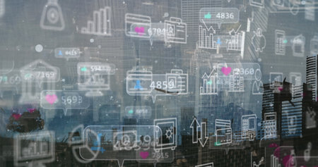 Displaying transparent analytics interface overlay over city skyline, with bar charts, folder icons. Futuristic, technology, urban, data visualization, corporate, digital interface, modernの写真素材
