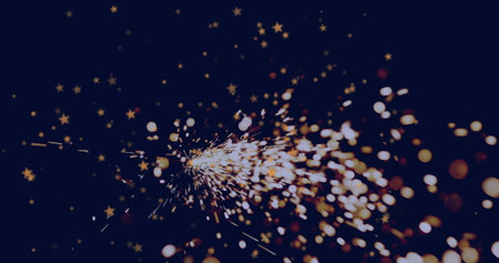 Radiating golden sparks fanning out in dark space, with sparkler creating star-shaped bokeh lights. Dynamic, abstract, vibrant, celebration, illumination, cosmic, energeticの写真素材