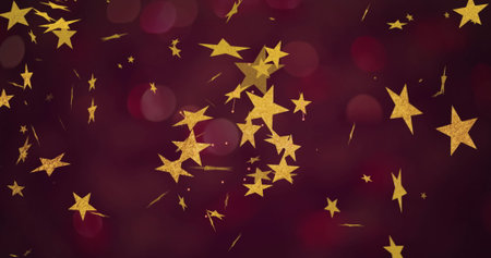 Shimmering gold star cluster drifting over burgundy-red backdrop, with bokeh and light streaks....