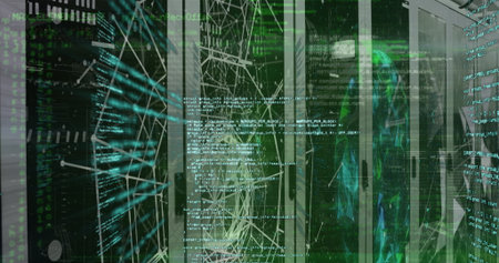 Projecting code onto server racks in data center, with network cables, graphs, humanoid silhouette....