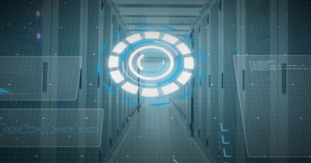 Projecting holographic interface floating at data center corridor, with server racks and HUD panels....