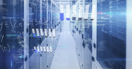Presenting server aisle in server room showing code overlays and LED lights, with network cables....