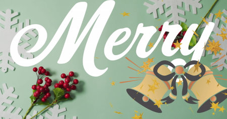 Showing Merry text on mint-green tabletop, with gold bells, holly berries, snowflakes and confetti. Festive, holiday, celebration, seasonal, rustic, cheerful, decorativeの写真素材