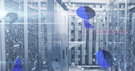 Displaying server rack cabinets lining data center aisle, with LED panels and digital overlays. Technology, data, infrastructure, cybersecurity, innovation, efficiency, digitalの写真素材