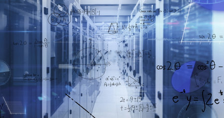 Central aisle showing raised floor in data center, with server racks, LED lights and network cables. Technology, infrastructure, cybersecurity, futuristic, digital, networking, industrialの写真素材