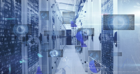 Showing server room hallway with server racks, cable trays and ducts, and floating digital overlays....